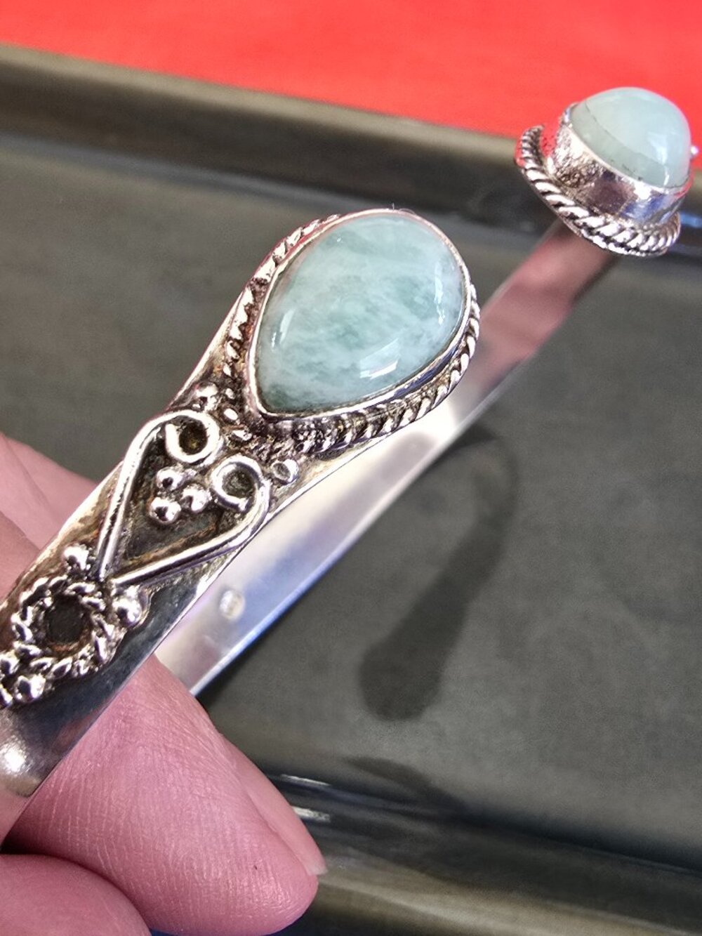 925 Sterling Silver Amazonite Cuff Bangle Bracelet | Boho Artisan - Picture 7 of 13